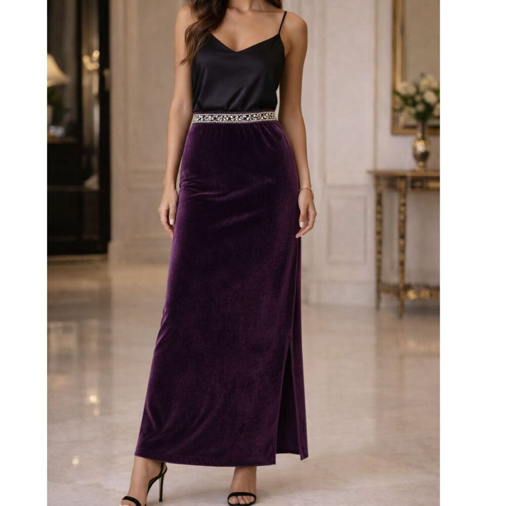 Maya Moda Velvet Maxi Skirt Size Small Purple Rhinestone Waist Formal Whimsigoth